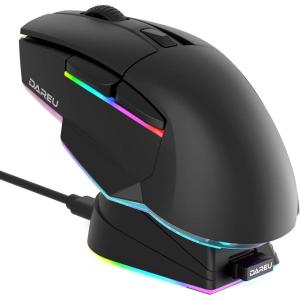 imageDAREU A955 Lightweight Wireless Gaming Mouse with RGB Charging Dock TriMode 24GUSBCBT Mouse Up to 12K DPI Optical Sensor KBS II Buttons Fully Programmable 120 Hr BatteryBlack