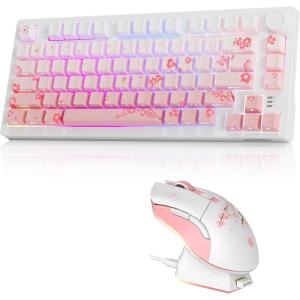 imageDAREU EK75PRO Sakura Pink Wireless Mechanical Gaming Keyboard and Wireless Gaming Mouse with Charging Dock ComboCloud Switch